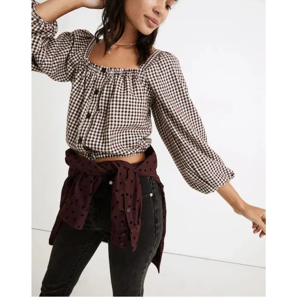 Madewell Puff Sleeve Cropped Flannel Top Chocolate Gingham Plaid M
